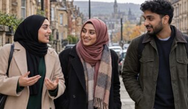 AI-generated illustration of three British Muslim friends talking on a northern England street
